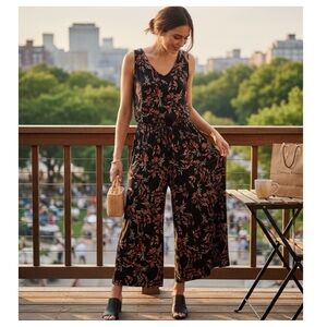 Cynthia Rowley Black Floral Wide Leg Sleeveless Jumpsuit Size M